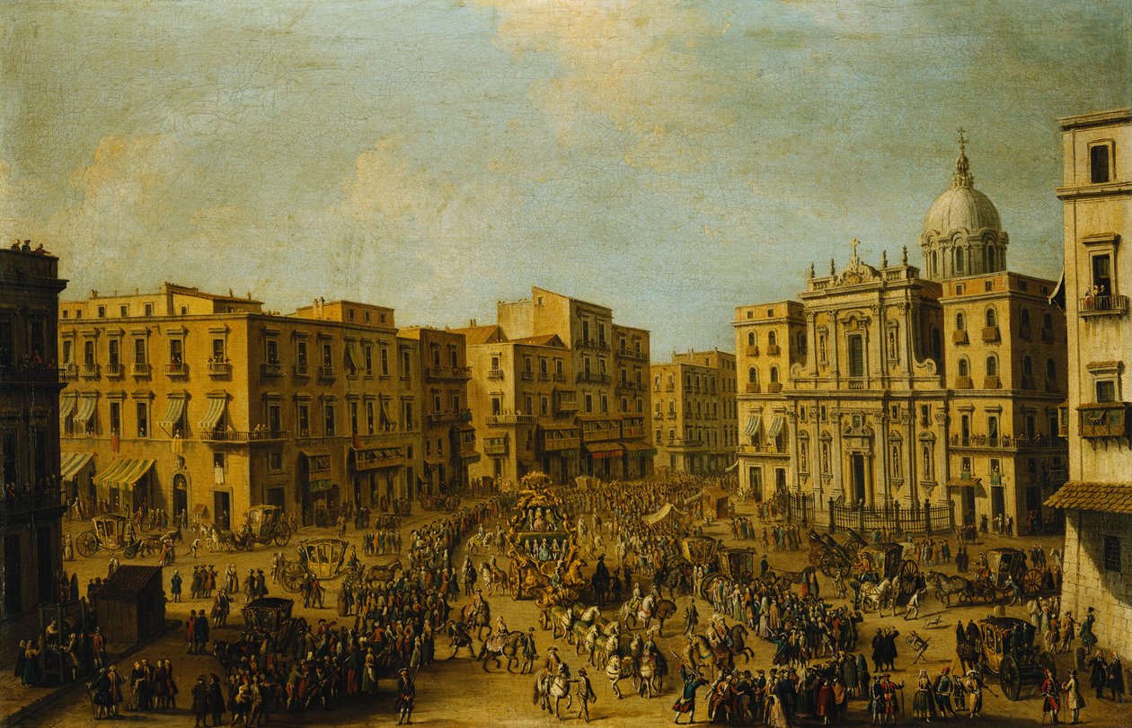Largo San Ferdinando, Neapol, w czasie karnawału z karetą królewską zbliżającą się do Palazzo Reale, autorstwa Antonio Joli