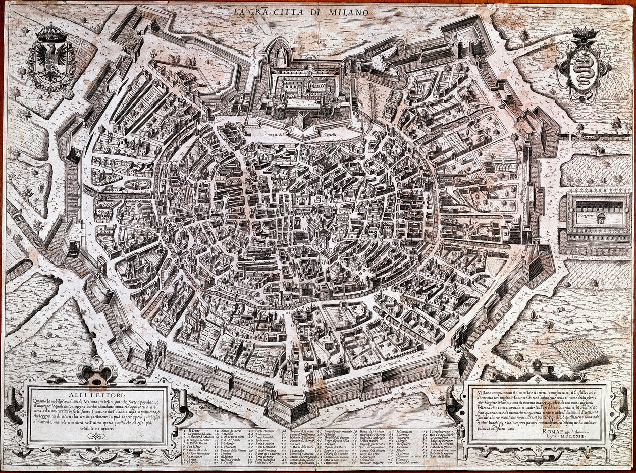 Plan Mediolanu zredagowany przez Antonio Lafreri (Lafrery lub Lanfrerius) (1512-1577) w 1573 roku. Jest to najstarsza mapa w mieście. Mediolan, Muzeum Mediolanu - Mapa Mediolanu. Najstarsza mapa miasta z 1573 roku, zredagowana przez Antonio Lafreri. Włochy autorstwa Antonio Lafreri