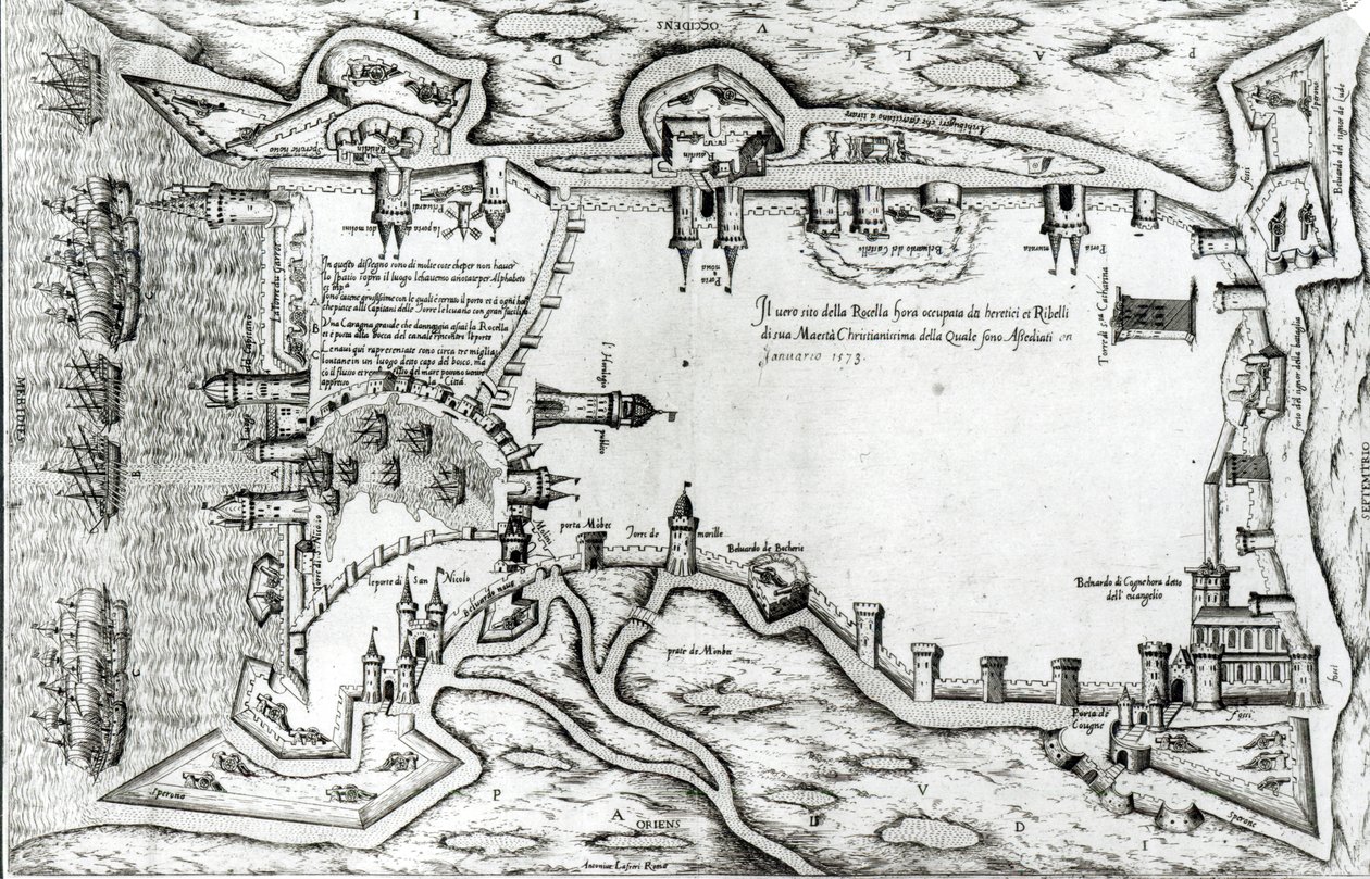 Mapa ilustrująca La Rochelle zajęte przez hugenotów autorstwa Antonio Lafreri