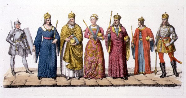 Liderzy i królowie Węgier, z „Le Costume Ancien et Moderne” Julesa Ferrario, wydana ok. 1820-30 (kolor lito) autorstwa Antonio Lanzani
