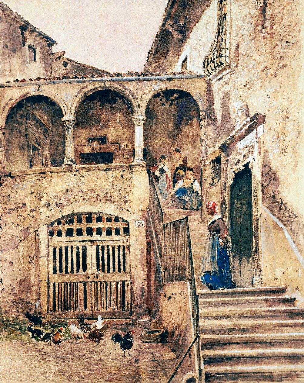 Wewnętrzny dziedziniec kamienicy, autorstwa Antonio Manciniego (1852-1930) autorstwa Antonio Mancini