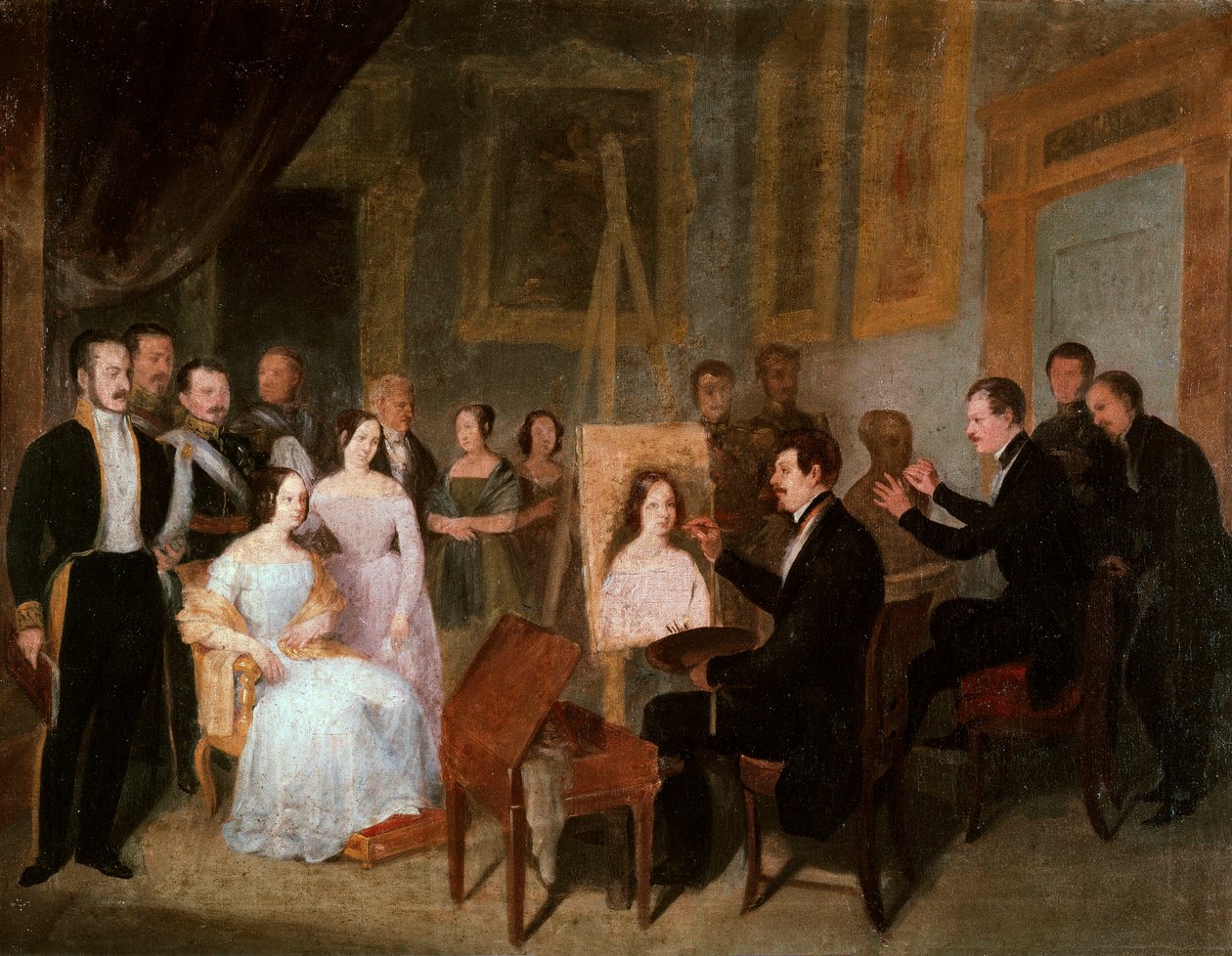 Dodge w swojej pracowni maluje portret królowej Hiszpanii Izabeli II (1830-1904). Obraz Antonio Marii Esquivela (1806-1857) autorstwa Antonio María Esquivel y Suárez de Urbina