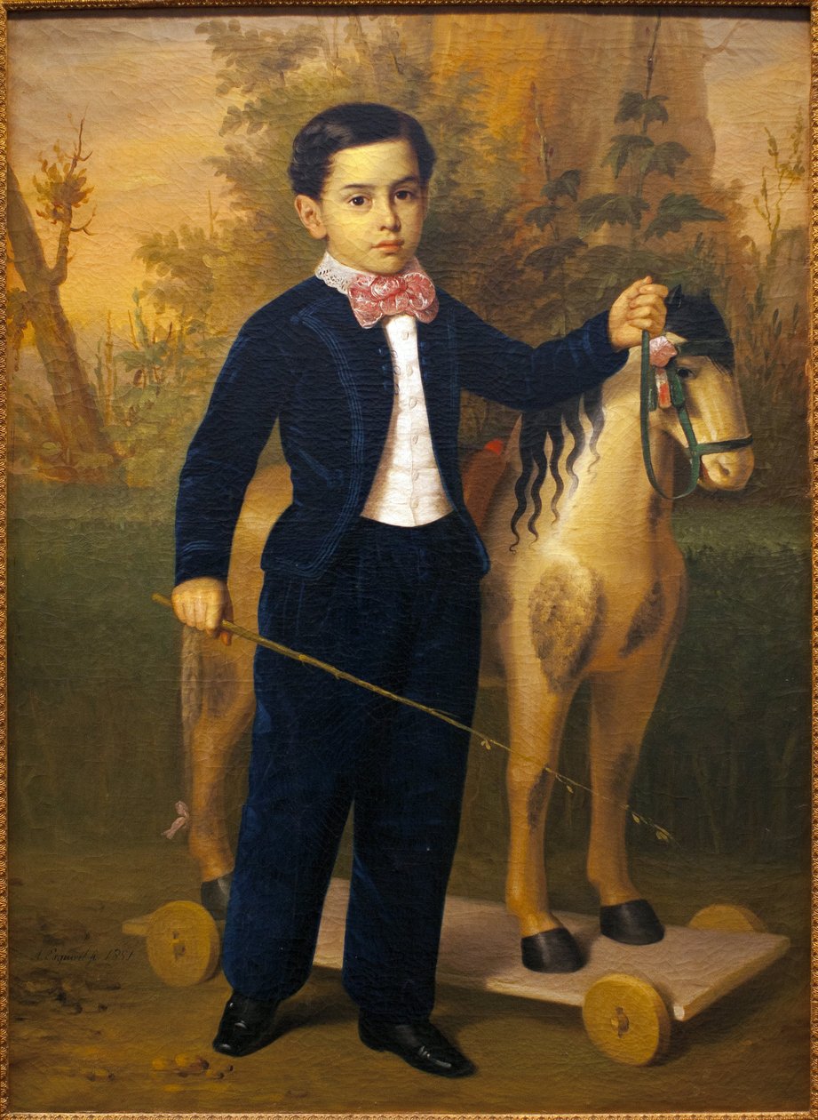 Portret małego chłopca z drewnianym koniem. Obraz Antonio Marii Esquivela (1806-1857), olej na płótnie, ves 1851. Muzeum Sztuk Pięknych w Sewilli, Hiszpania. autorstwa Antonio María Esquivel y Suárez de Urbina