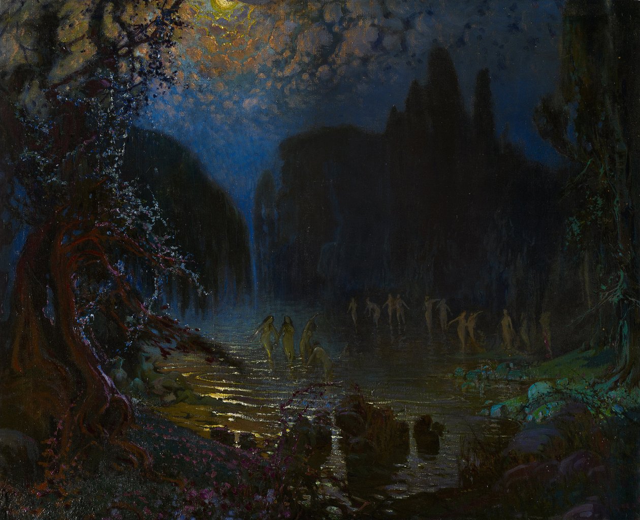 Kąpiel nimf - Munoz Degrain, Antonio (1840-1924) - ok. 1930 r. 1915 - Olej na płótnie - 76,5x93,5 - Museo Carmen Thyssen, Malaga autorstwa Antonio Munoz Degrain