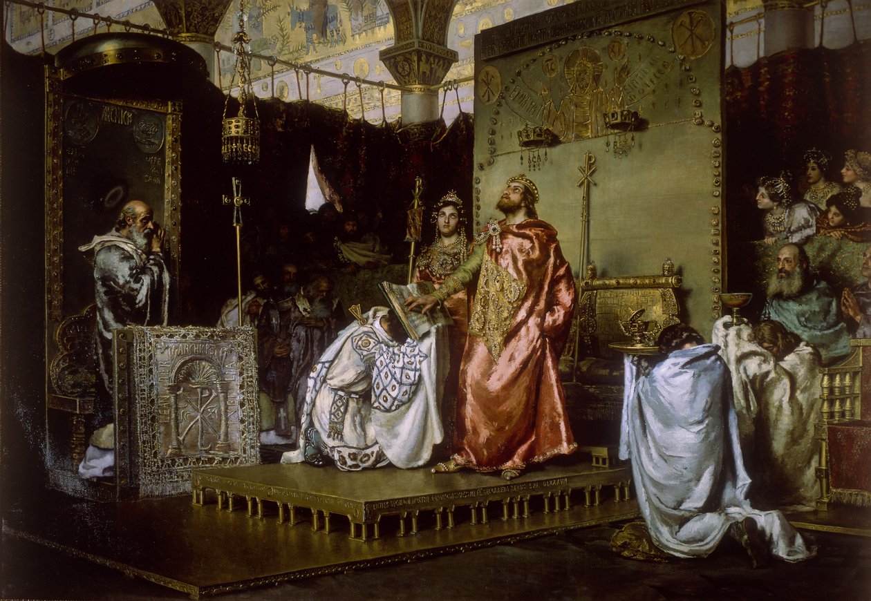 Konwersja Reccared na katolicyzm na Soborze III w Toledo, 589, 1888 autorstwa Antonio Munoz Degrain