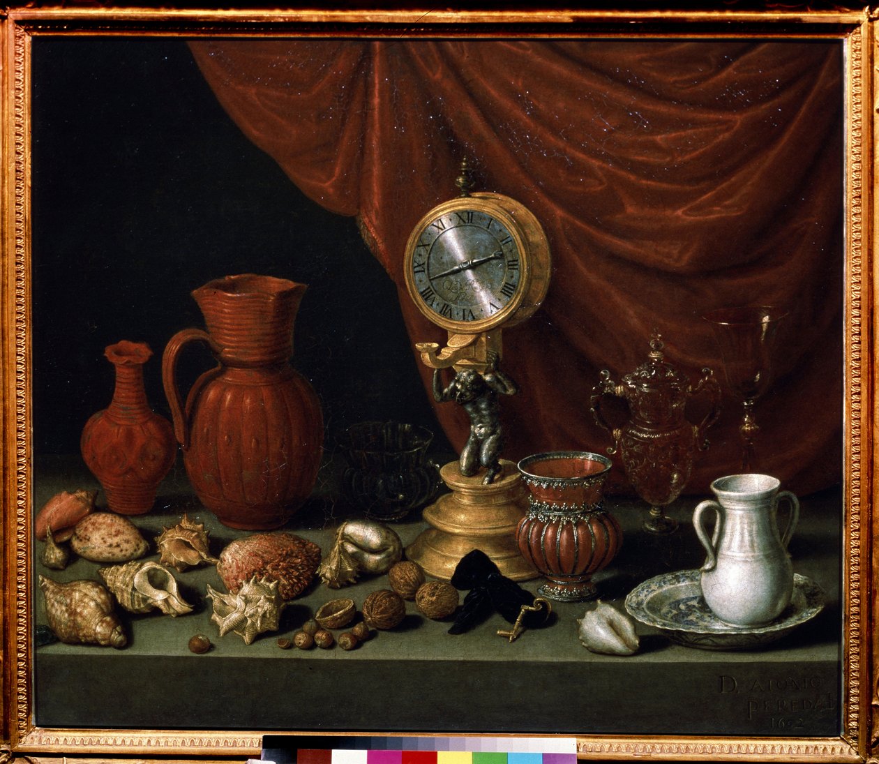 "Martwa natura z zegarem" Wahadło, dzbanek, muszle, orzechy, kryształowe szkło. Obraz Antonio de Pereda y Salgado (1611-1678) 1652 Muzeum Puszkina, Moskwa autorstwa Antonio Pereda y Salgado