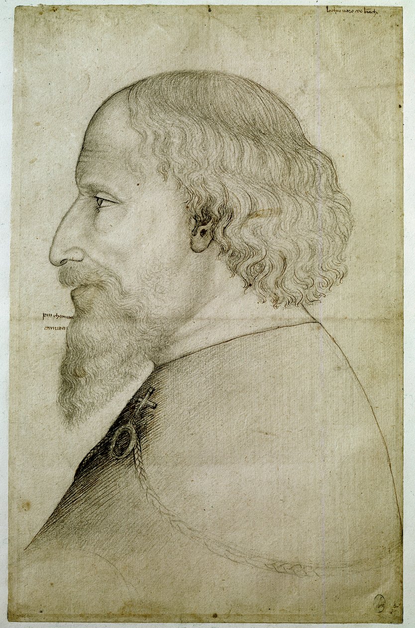 Cesarz Zygmunt Luksemburski (1368-1437), widziany w popiersiu, z profilu po lewej stronie. Rysunek autorstwa Antonio di Puccio Pisano dit Pisanello (przed 1395-1455). Czarny kamień. Wymiary: 41,1x55,9 cm. autorstwa Antonio Pisanello
