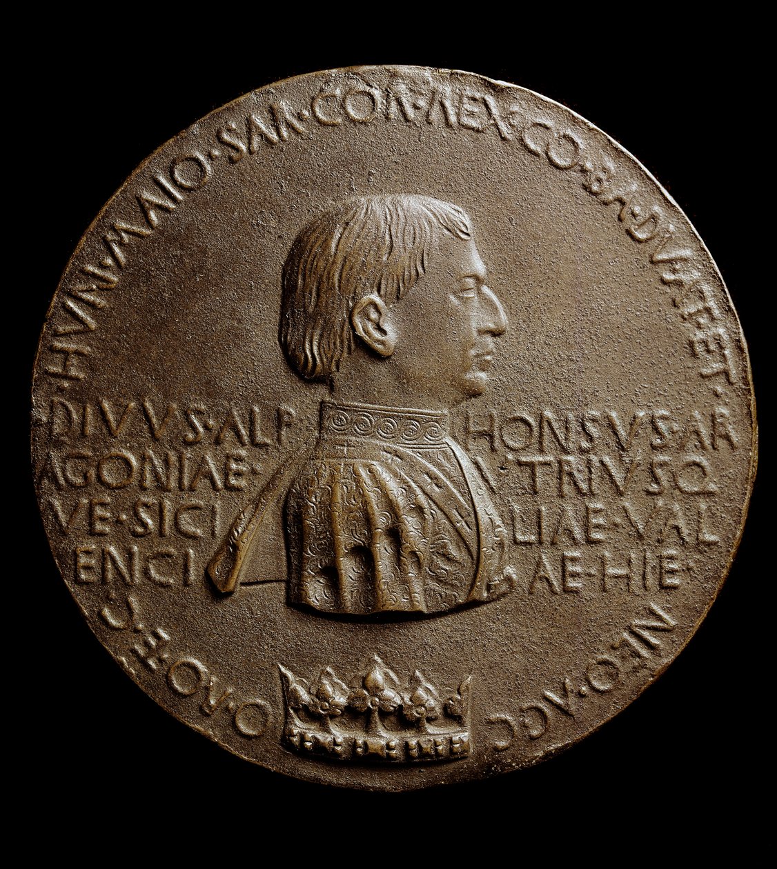 Medal Alfonsa V Aragońskiego (Alfonsa Wielkiego lub Wielkiego). Po włosku Alfons Wspaniały lub Alfons V z Aragonii autorstwa Antonio Pisanello