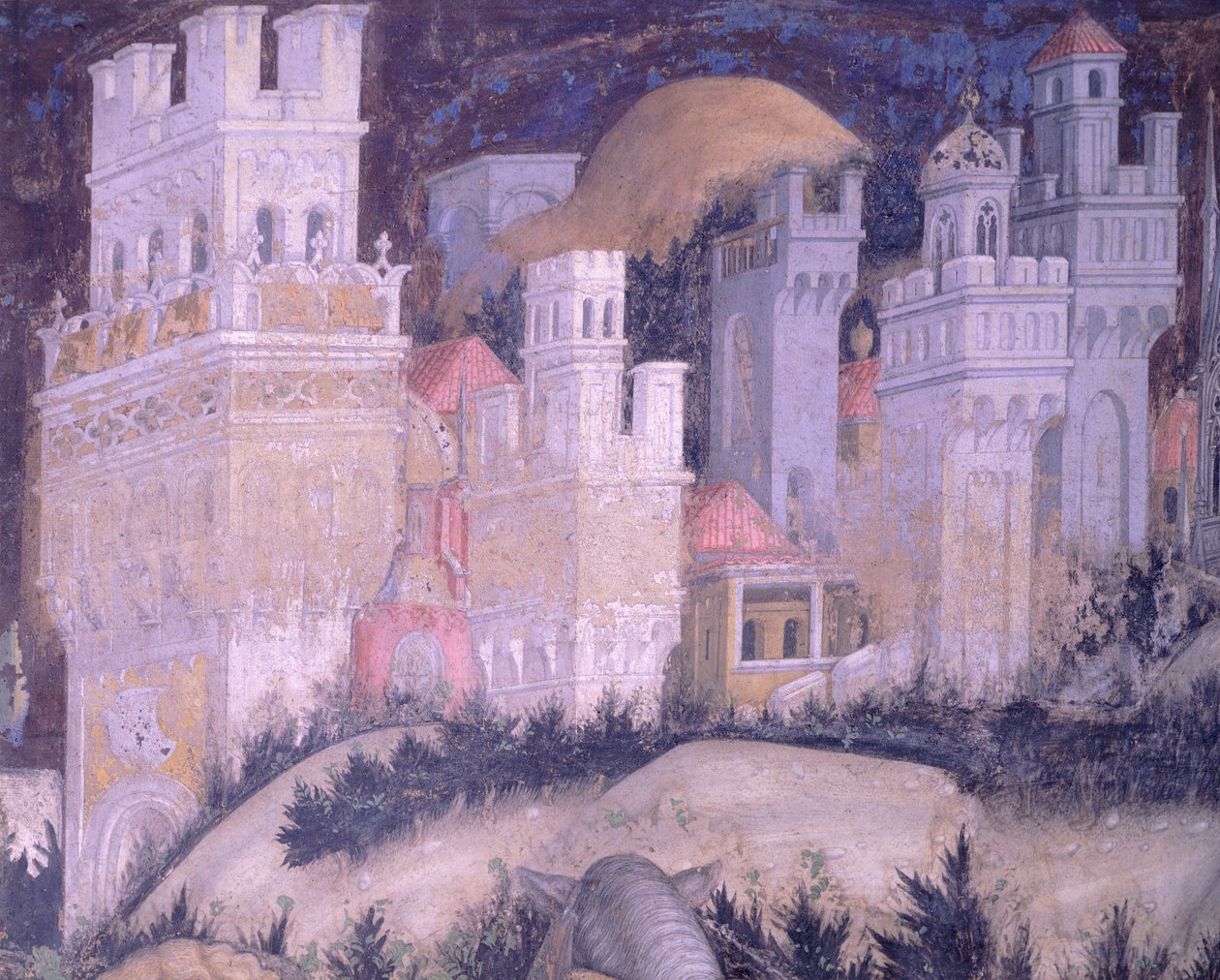Św. Jerzy i Księżniczka, miasto z wieżyczkami, autorstwa Antonio Pisanello (1395-1455), fresk, bazylika św. Anastazji, Werona autorstwa Antonio Pisanello