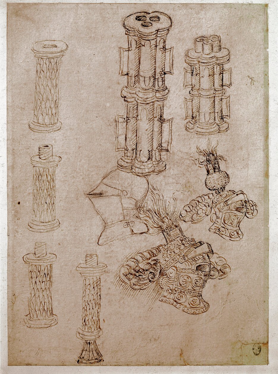 Rozebrano trzy hełmy zwieńczone herbami i dwie sztuki broni. Rysunek autorstwa Antonio di Puccio Pisano dit Pisanello (1395-1455) Brązowy tusz, czarny kamień, pióro. Wymiary: 28,7x20,6cm. Luwr, firma rysunkowa autorstwa Antonio Pisanello