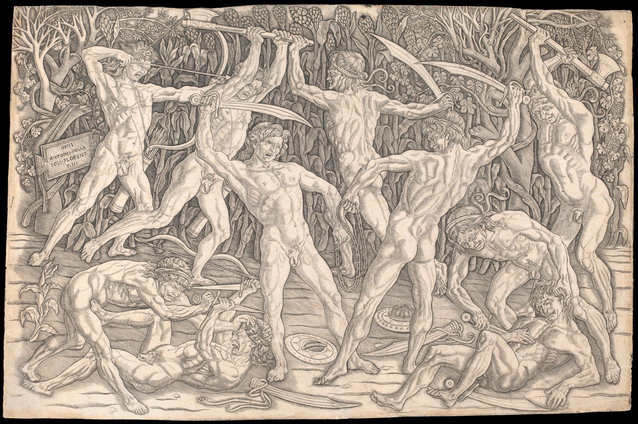 Bitwa aktów, Antonio del Pollaiolo, c.1470-90 (czarno-czarny grawerunek) autorstwa Antonio Pollaiuolo