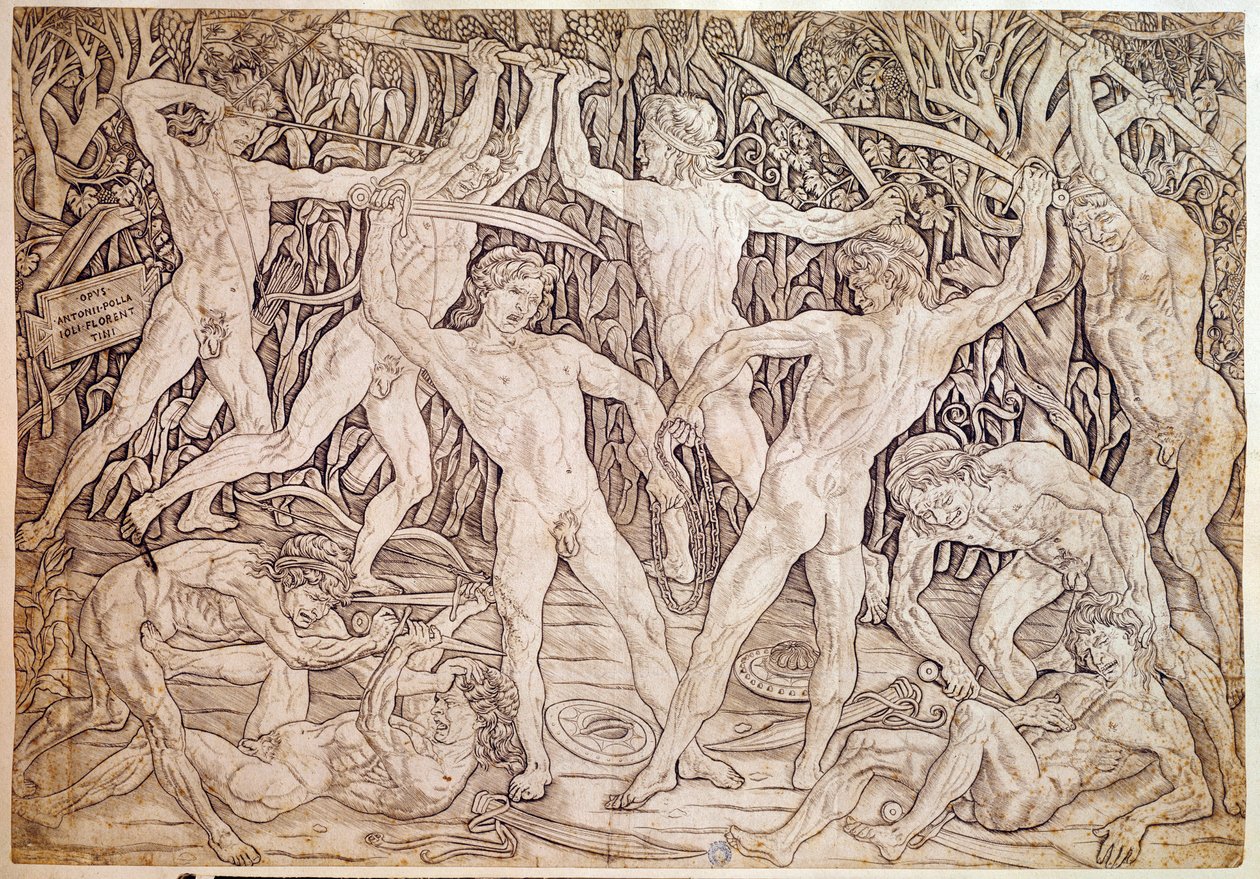 Nadzy mężczyźni walczą. Grawerowane przez Antonio Pollaiuolo (Pollaiolo) (1432-1498) autorstwa Antonio Pollaiuolo