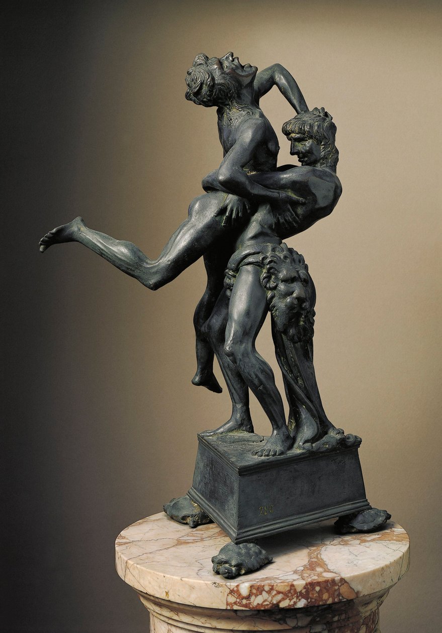 Dwanaście dzieł Herkulesa: „”Heracles (Hercules) Lift the Giant Ante”” Rzeźba z brązu autorstwa Antonio Benci pt. Le Pollaiolo (Pollaiuolo) (1431–1498) 1475 wym. 45 cm Museo del Bargello, Florencja autorstwa Antonio Pollaiuolo
