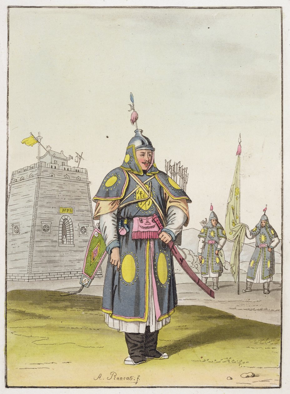 Chiński żołnierz w pełnym stroju bojowym, ilustracja z „Le Costume Ancien et Moderne” Giulio Ferrario, wydana w latach 1820-30-tych autorstwa Antonio Rancati
