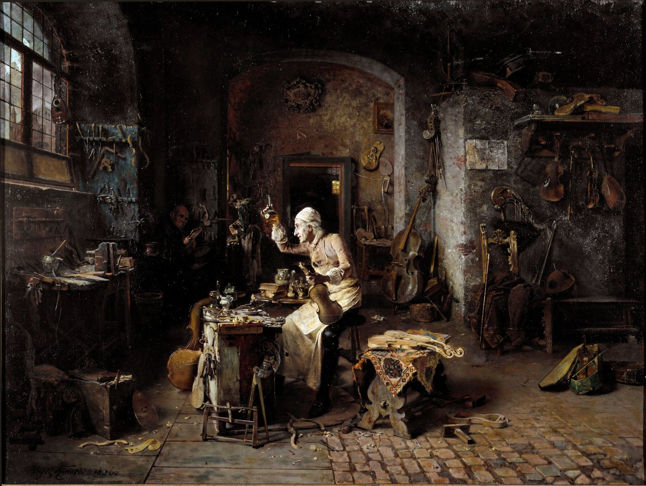 Włoski lutnik Antonio Stradivari (Stradivarius) (1644-1737) w swoim warsztacie autorstwa Antonio Rinaldi