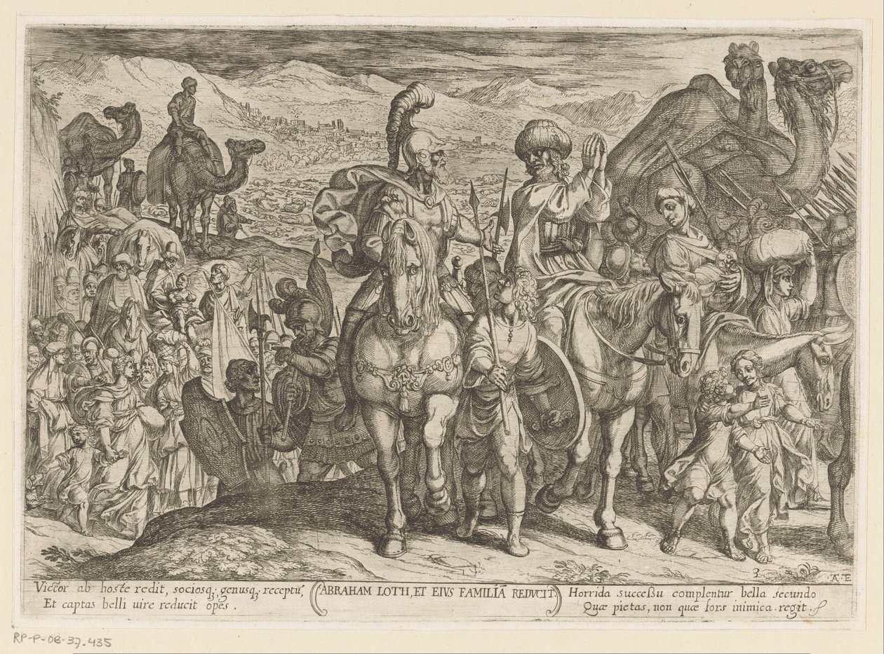 Abraham zabiera Lota i jego rodzinę do swojej ziemi Abraham Loth, et familia reducit (tytuł na obiekcie) Sceny batalistyczne ze Starego Testamentu (tytuł serii) autorstwa Antonio Tempesta