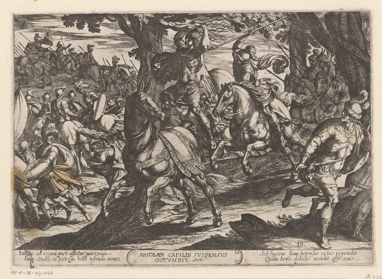 Absalom drzwi Joab gedood Absolan upada ze zwisającymi włosami (tytuł na obiekcie) Oudtestamentische strijdscenes (tytuł serii) autorstwa Antonio Tempesta