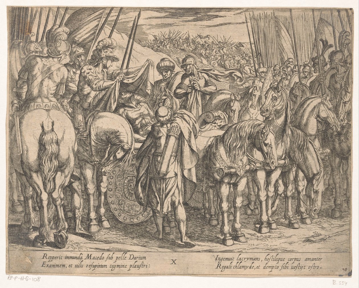 Aleksander Wielki odnajduje ciało Dariusza Czyny Aleksandra Wielkiego (tytuł serii) Alexandri magni praecipvae res gestae (tytuł serii) autorstwa Antonio Tempesta