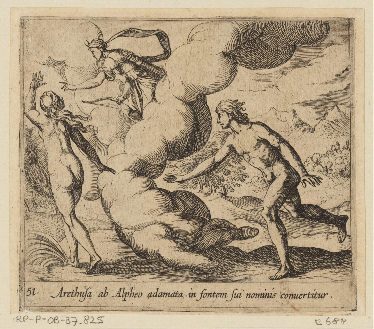 Arethusa wordt achtervolgd drzwi Alpheus Aretuza zakochana w Alfeuszu staje się źródłem jej imienia (tytuł na obiekcie) Metamorfoza lub przekształcenia (tytuł serii) Metamorfosen van Ovidius (tytuł serii) autorstwa Antonio Tempesta