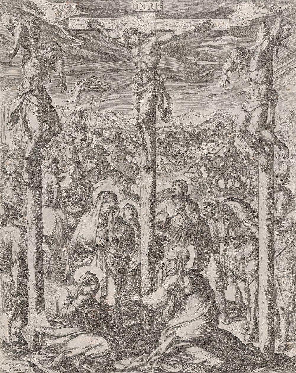 Chrystus ukrzyżowany między dwoma złodziejami, trzema Mariami u stóp krzyża, 1612. autorstwa Antonio Tempesta