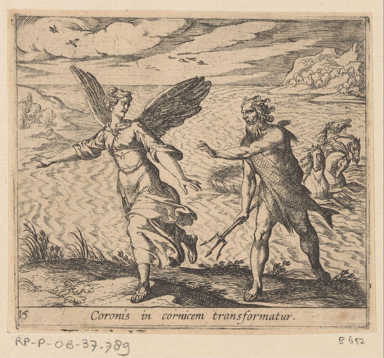 Korona zmieniła się w een kraai Korona przekształca się w gzyms (tytuł na obiekcie) Metamorfoza lub przekształcenia (tytuł serii) Metamorfosen van Ovidius (tytuł serii) autorstwa Antonio Tempesta