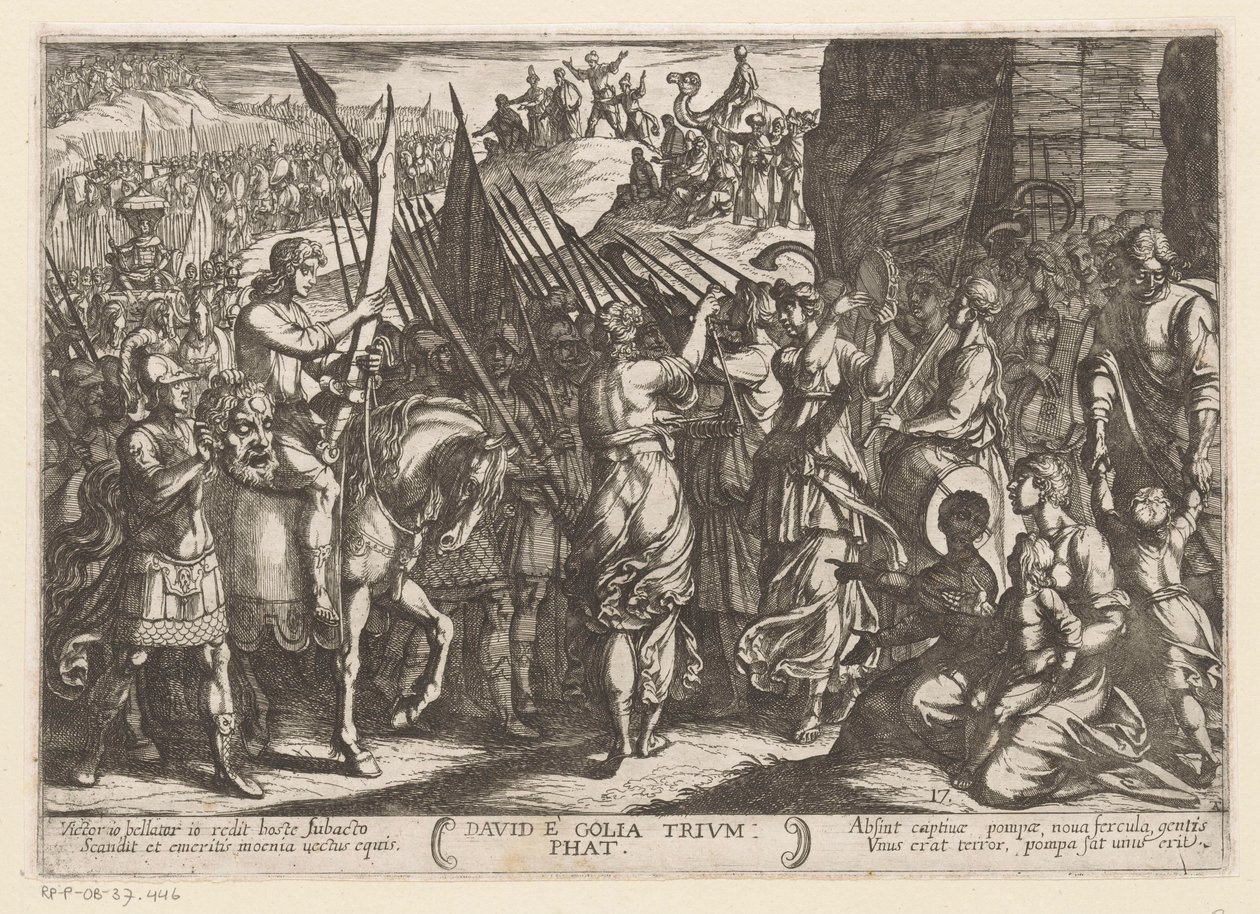 Dawid triumfalnie powraca z głową Goliata David e Golia triumphat (tytuł na obiekcie) Sceny batalistyczne ze Starego Testamentu (tytuł serii) autorstwa Antonio Tempesta