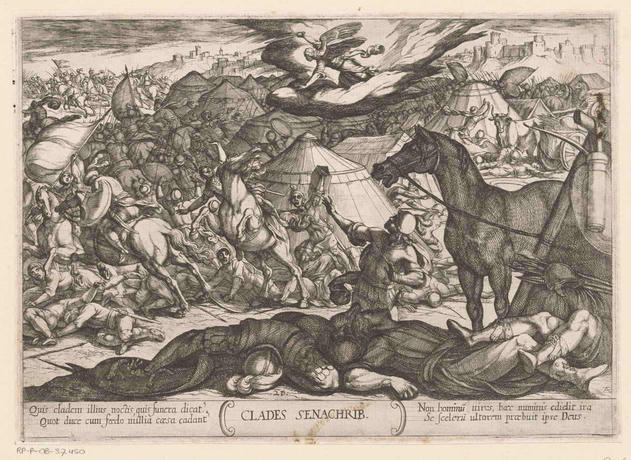 Anioł śmierci podbija armię Sennacheryba Clades Senachrib (tytuł na obiekcie) Sceny batalistyczne ze Starego Testamentu (tytuł serii) autorstwa Antonio Tempesta
