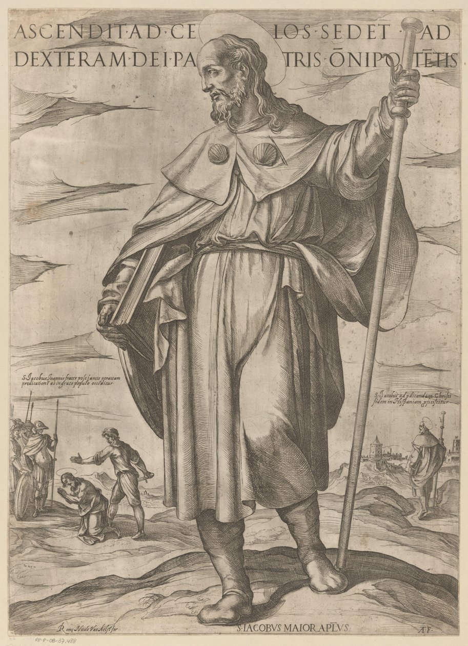 De heilige Jakobus de Meerdere Ten, który wstąpił do nieba zasiada po prawicy Boga Ojca Wszechmogącego (tytuł na obiekcie) Chrystus, Maryja i apostoł (tytuł serii) autorstwa Antonio Tempesta