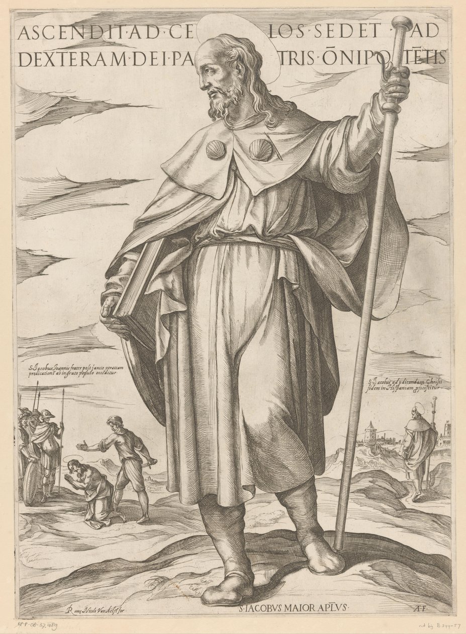 De heilige Jakobus de Meerdere Ten, który wstąpił do nieba zasiada po prawicy Boga Ojca Wszechmogącego (tytuł na obiekcie) Chrystus, Maryja i apostoł (tytuł serii) autorstwa Antonio Tempesta