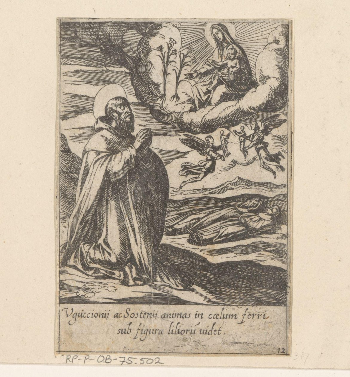 De heilige Philippus bidt voor de zielen van twee broeders Het Leven van Philippus Benitius (tytuł serii) Życie B. Philippi Benicius Florent. zam. Sługa B. Mary the Virgin (tytuł serii) autorstwa Antonio Tempesta