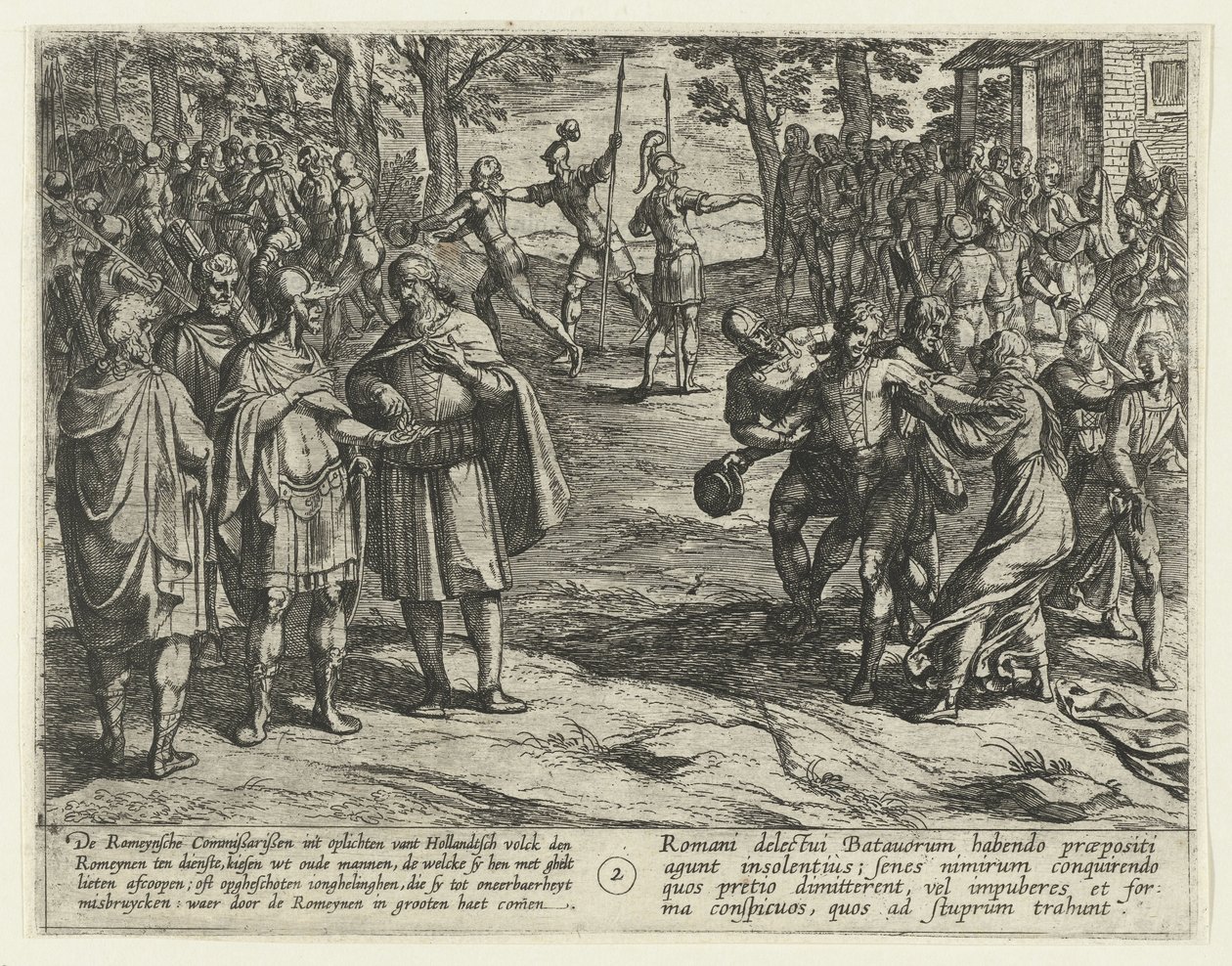 Starzy Batawowie wykupują swoją służbę Rzymianom, 69-70 Bunt Batawski (tytuł serii) Batavorum cum Romanis Bellum, à Corn. Tacito / The Batavian Oft Oude Hollandtsche Krijghe teghen de Romeynen (tytuł serii na obiekcie) autorstwa Antonio Tempesta