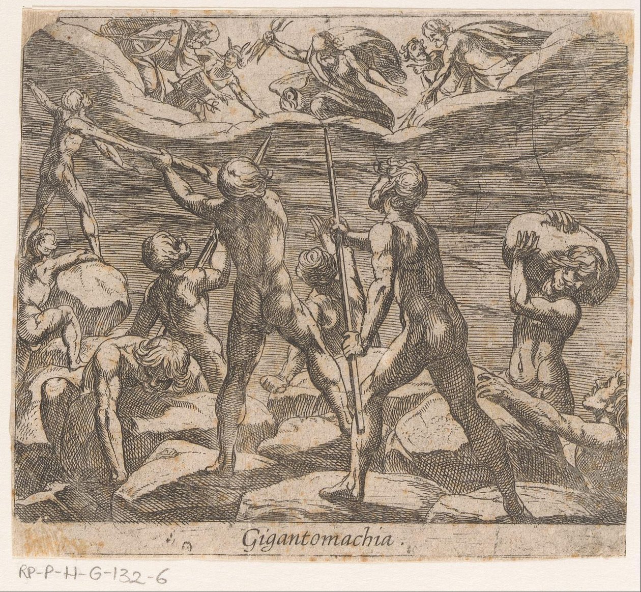 Giganci próbują zaatakować Olimp Gigantomachia (tytuł na obiekcie) Metamorphoseon sive transformum (tytuł serii) Metamorfozy Owidiusza (tytuł serii) autorstwa Antonio Tempesta