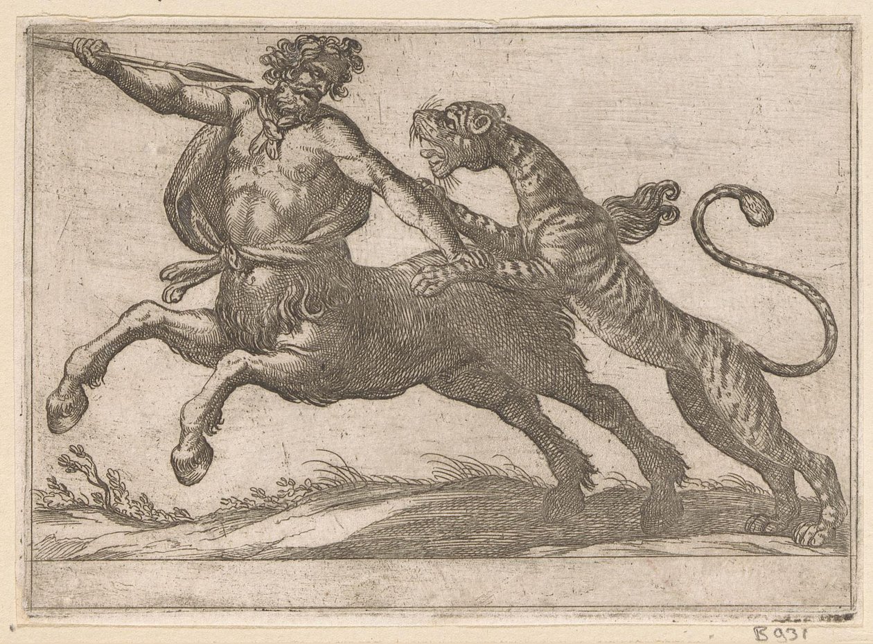 Tygrys walczący z centaur Walczące zwierzęta (tytuł serii) autorstwa Antonio Tempesta