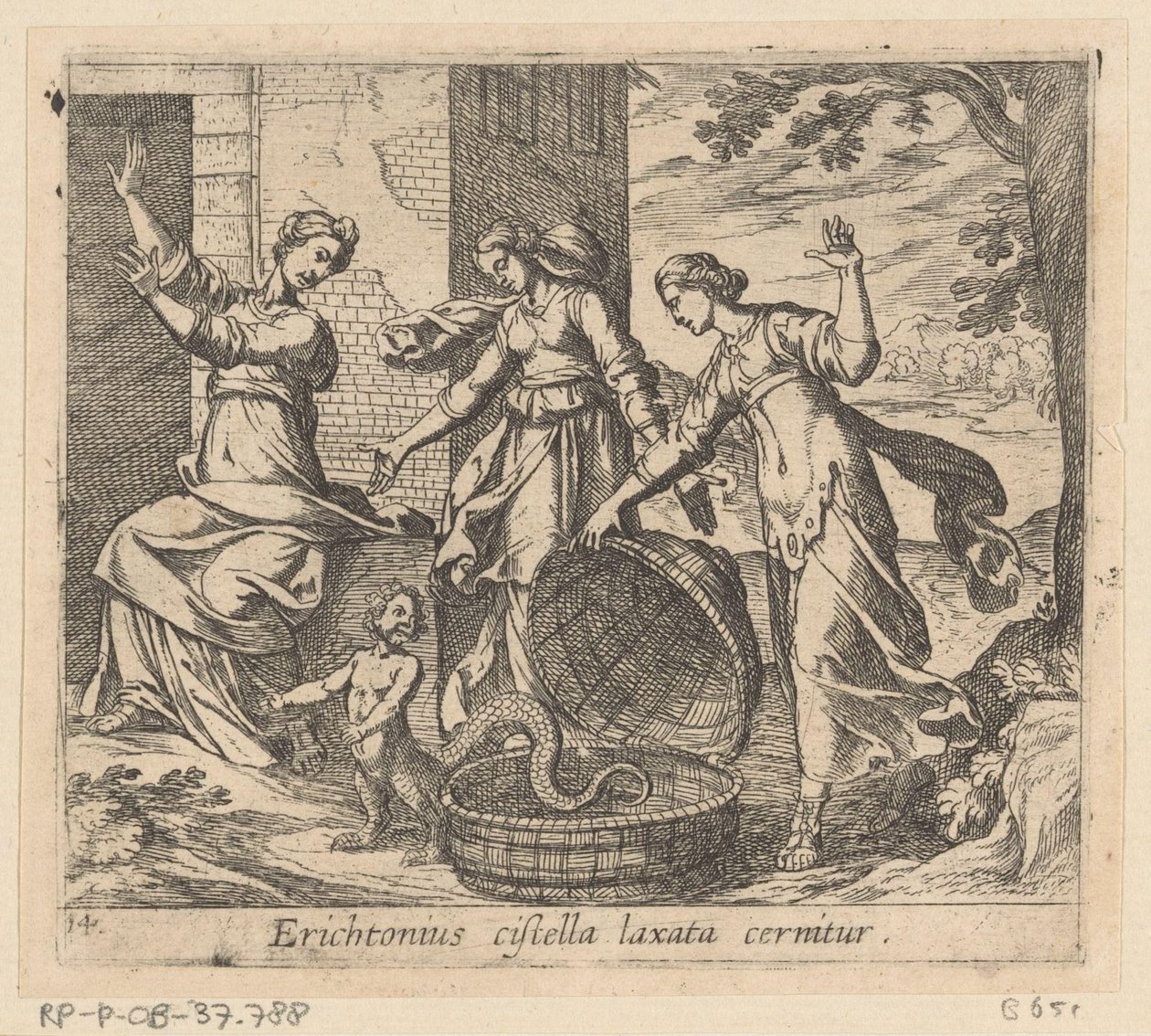 Erichthonius uit zijn mand gelaten Erichthonius jest widziany z luźnym koszem (tytuł na obiekcie) Metamorfoza lub przekształcenia (tytuł serii) Metamorfosen van Ovidius (tytuł serii) autorstwa Antonio Tempesta