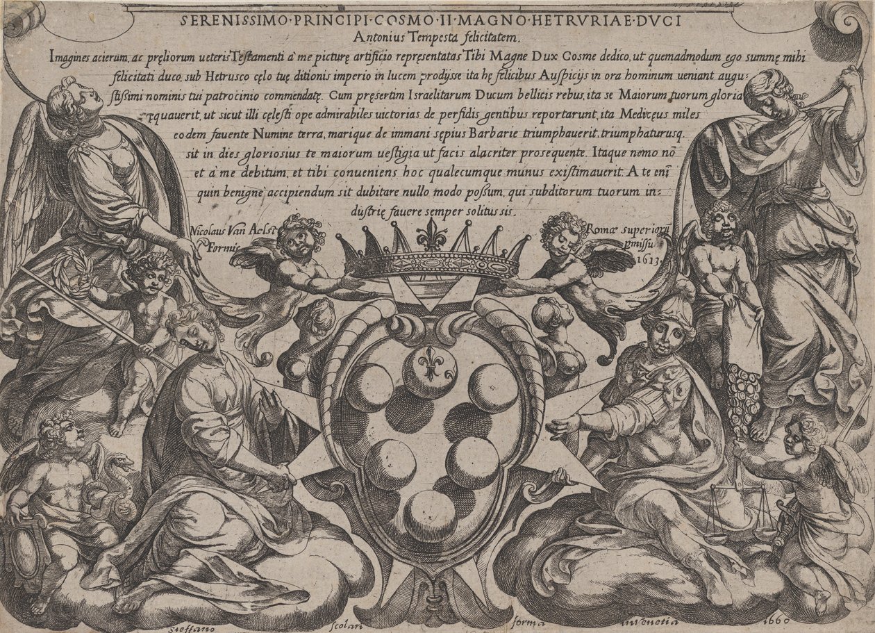 Frontyspis do „Bitw Starego Testamentu” z herbami Medyceuszy ukoronowanych przez ..., 1660. autorstwa Antonio Tempesta