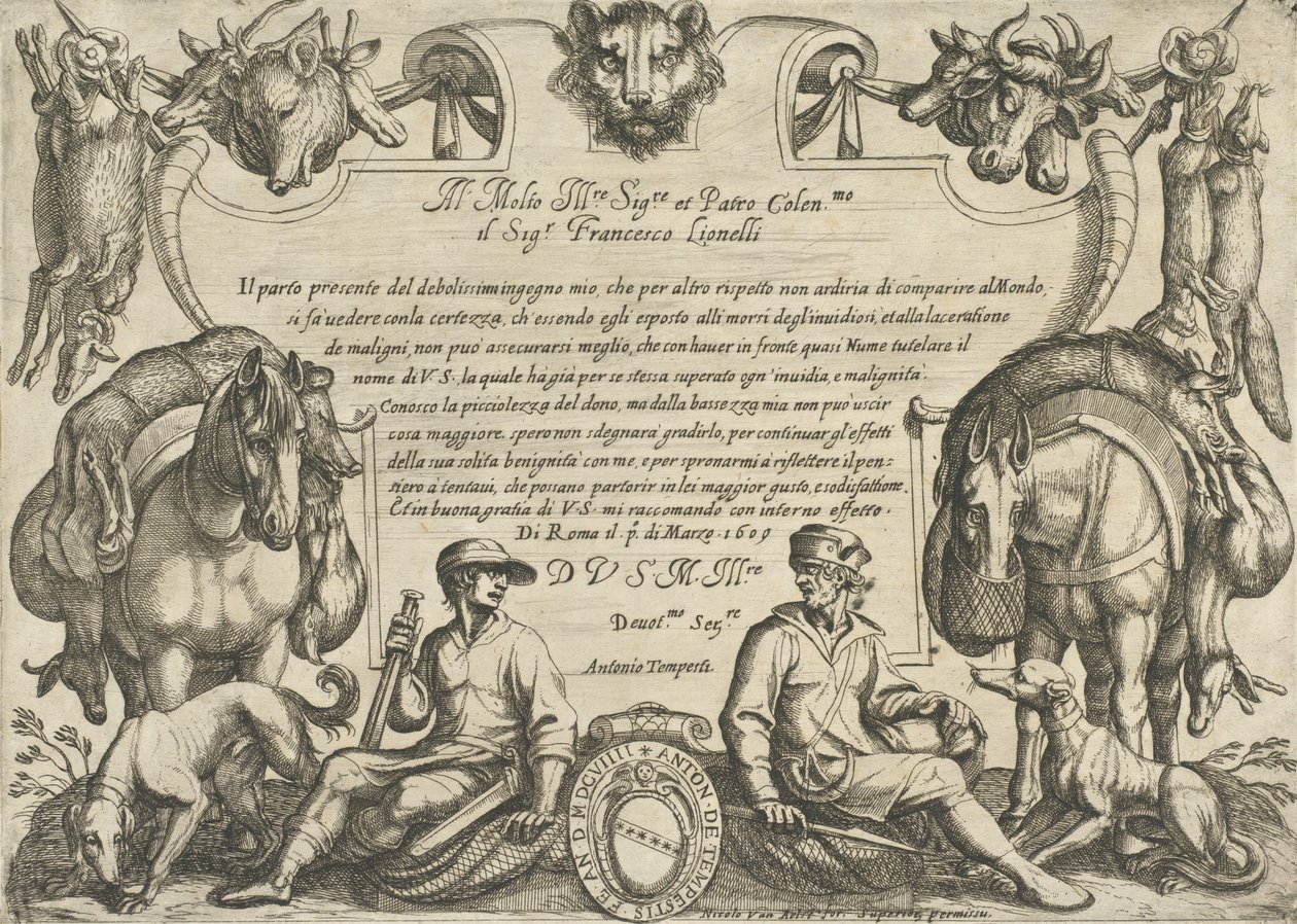 Frontyspis z myśliwymi, psami i końmi, ze „Sceny polowania VI”, 1609. autorstwa Antonio Tempesta