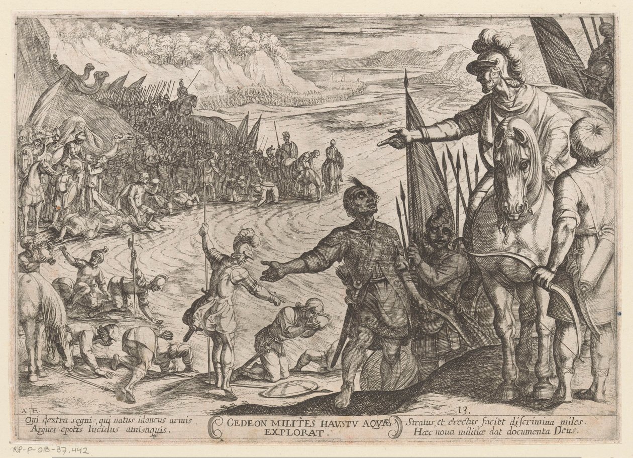 Gideon wybiera swoich żołnierzy Gedeon milites haustu aquae explorat (tytuł na obiekcie) Sceny batalistyczne ze Starego Testamentu (tytuł serii) autorstwa Antonio Tempesta