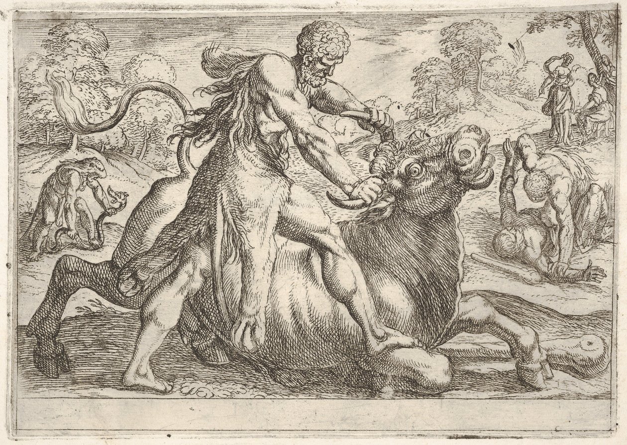 Herkules i Acheloos: w centrum Herkules chwyta rogi byka, naciskając jego r..., 1608. autorstwa Antonio Tempesta