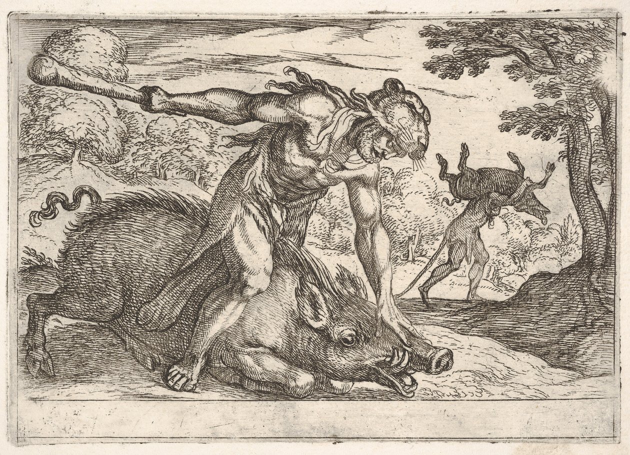 Herkules i Dzik Erymantusa: Herkules przytrzymuje pysk dzika lewą ha..., 1608. autorstwa Antonio Tempesta