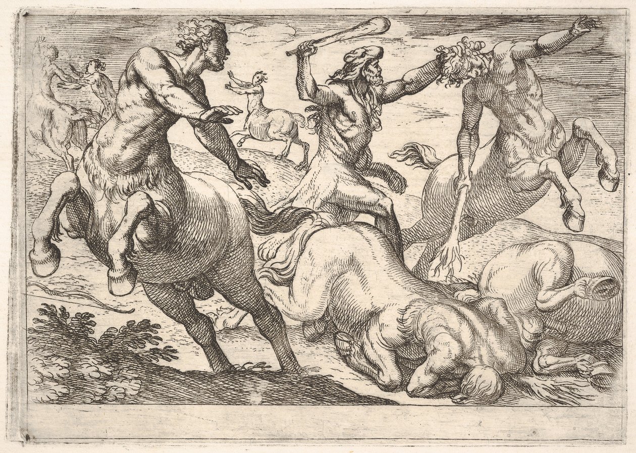 Hercules and the Centaurs: Hercules trzyma głowę centaura lewą ręką i rai..., 1608. autorstwa Antonio Tempesta