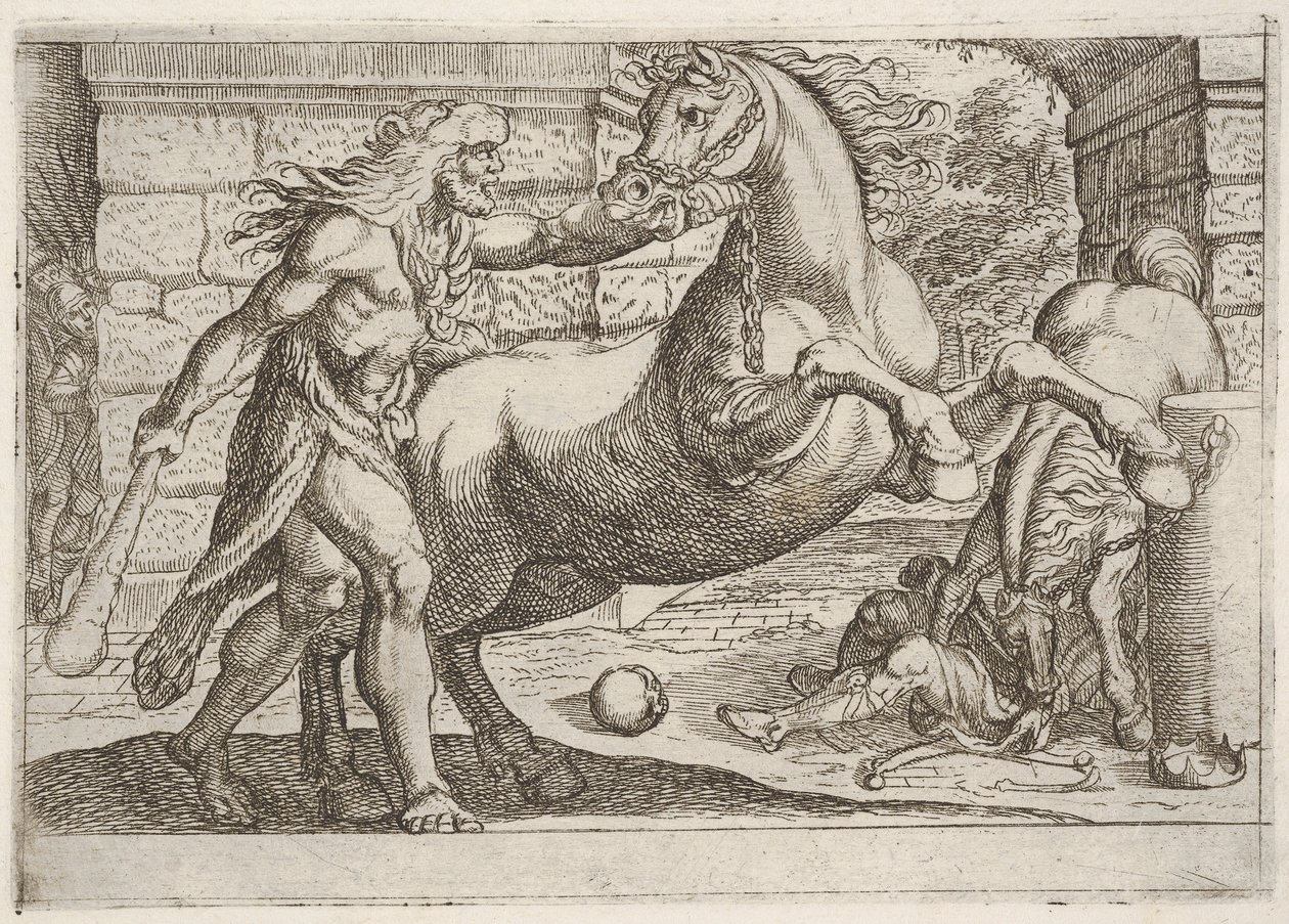 Herkules i klacze Diomedesa: Herkules chwyta za uzdę konia na ostro..., 1608. autorstwa Antonio Tempesta
