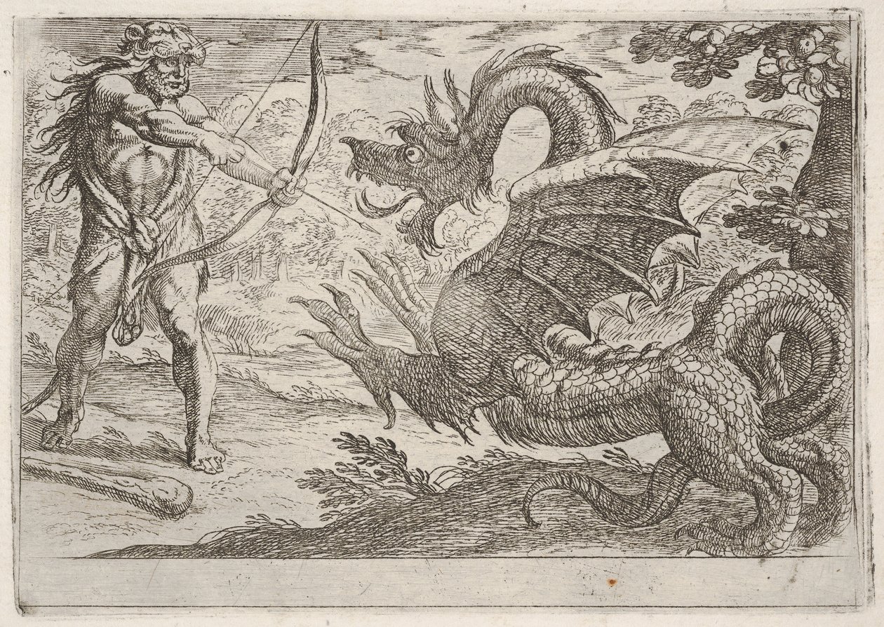 Hercules and the Serpent Ladon: Hercules napina łuk, wznoszący się wąż pojawia się w pro..., 1608. autorstwa Antonio Tempesta