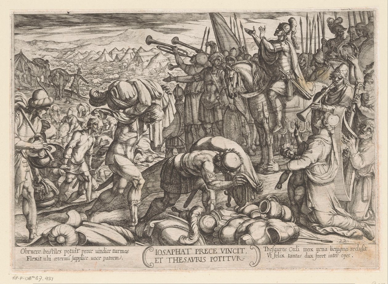 Jozafat dziękuje Bogu za swoje zwycięstwo Iosaphat prece vincit et thesauris potitur (tytuł na obiekcie) Sceny batalistyczne ze Starego Testamentu (tytuł serii) autorstwa Antonio Tempesta