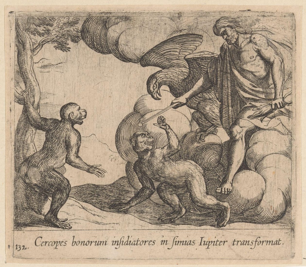 Jowisz zamienia Cerkopy w małpę Jowisz zamienia oblegających dobro w małpy (tytuł na obiekcie) Metamorfoza lub przekształcenia (tytuł serii) Metamorfosen van Ovidius (tytuł serii) autorstwa Antonio Tempesta