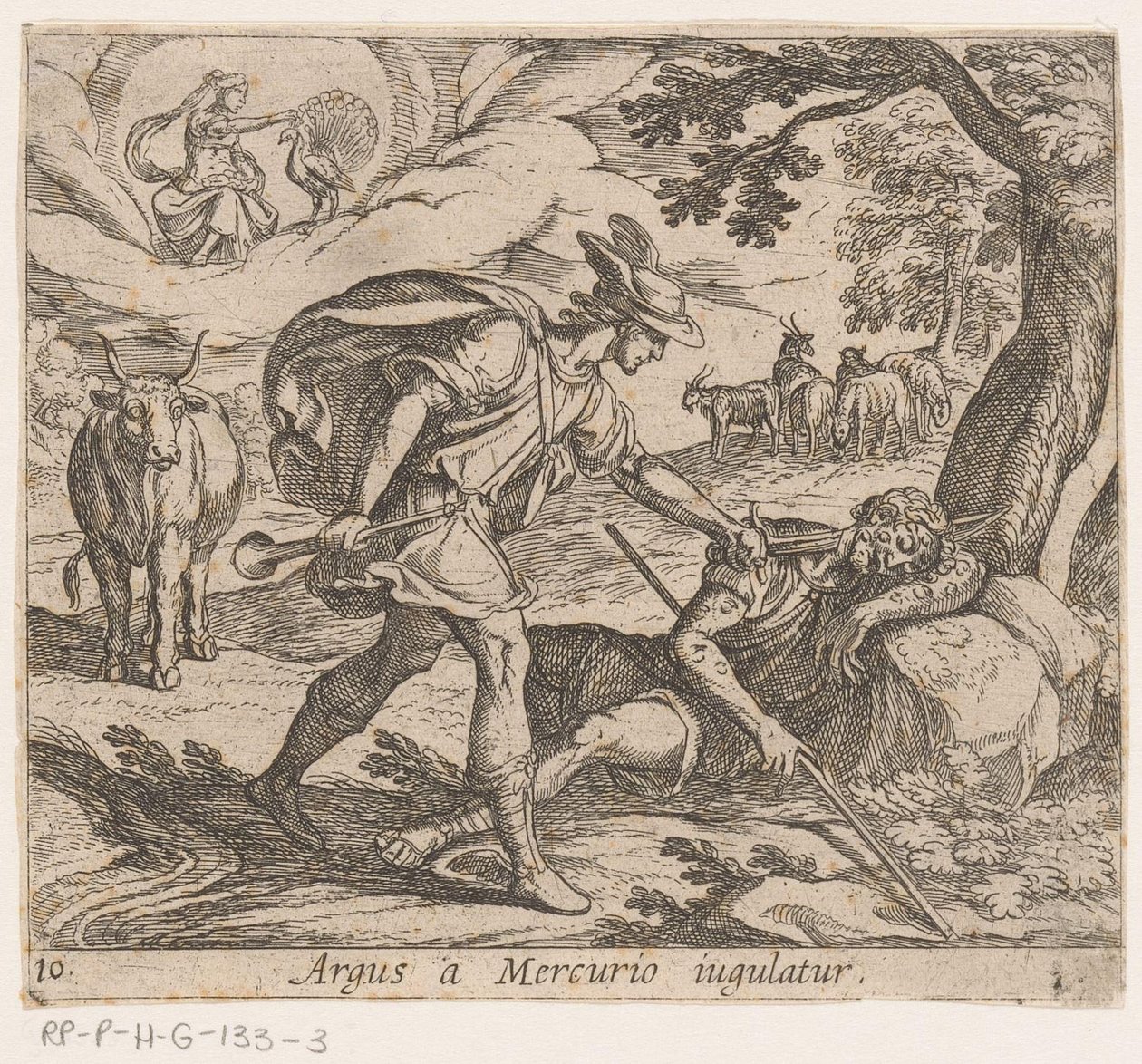 Merkury doodt Argus Argus jest uduszony przez Merkurego (tytuł na obiekcie) Metamorfoza lub przekształcenia (tytuł serii) Metamorfosen van Ovidius (tytuł serii) autorstwa Antonio Tempesta