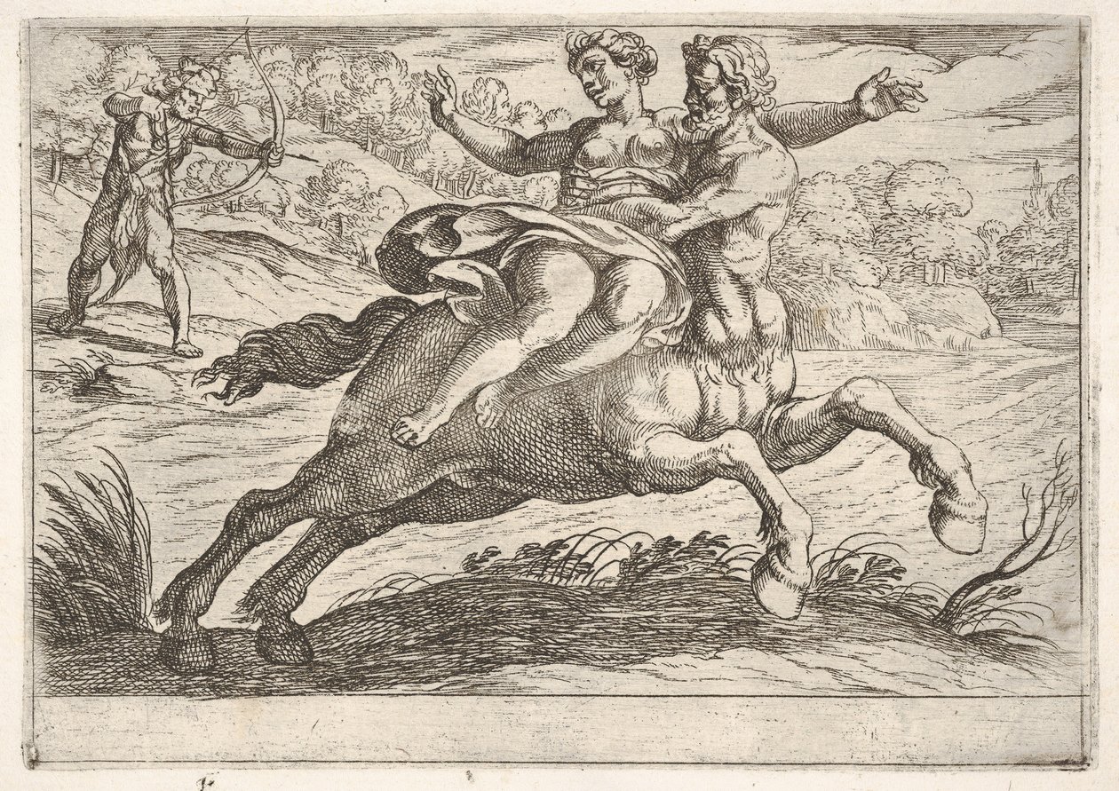 Nessus próbuje odebrać Dejanirę Herkulesowi: Nessus przytrzymuje Dejanirę na plecach w..., 1608. autorstwa Antonio Tempesta