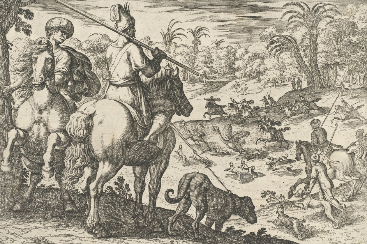 Polowanie na strusia, ze „Sceny polowania VI”, 1609. autorstwa Antonio Tempesta