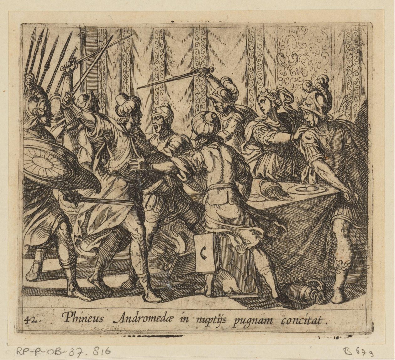 Phineus verstoort de ślub Perseusza en Andromeda Phineus prowokuje Andromedę do walki na jej ślubie (tytuł na obiekcie) Metamorfoza lub przekształcenia (tytuł serii) Metamorfosen van Ovidius (tytuł serii) autorstwa Antonio Tempesta