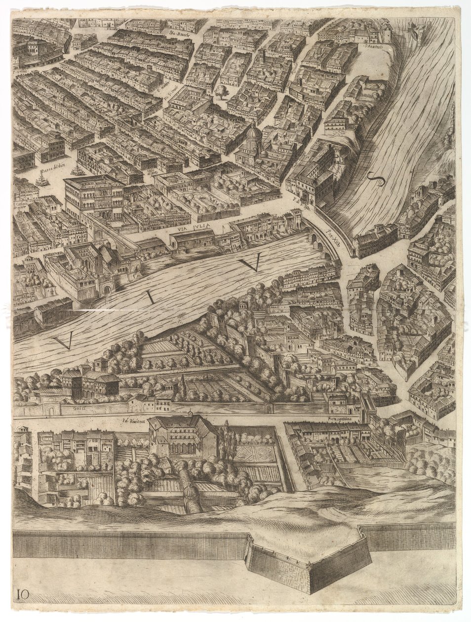 Plan miasta Rzymu. Część 10 z Tybrem i Villa Farnesina, 1645. autorstwa Antonio Tempesta