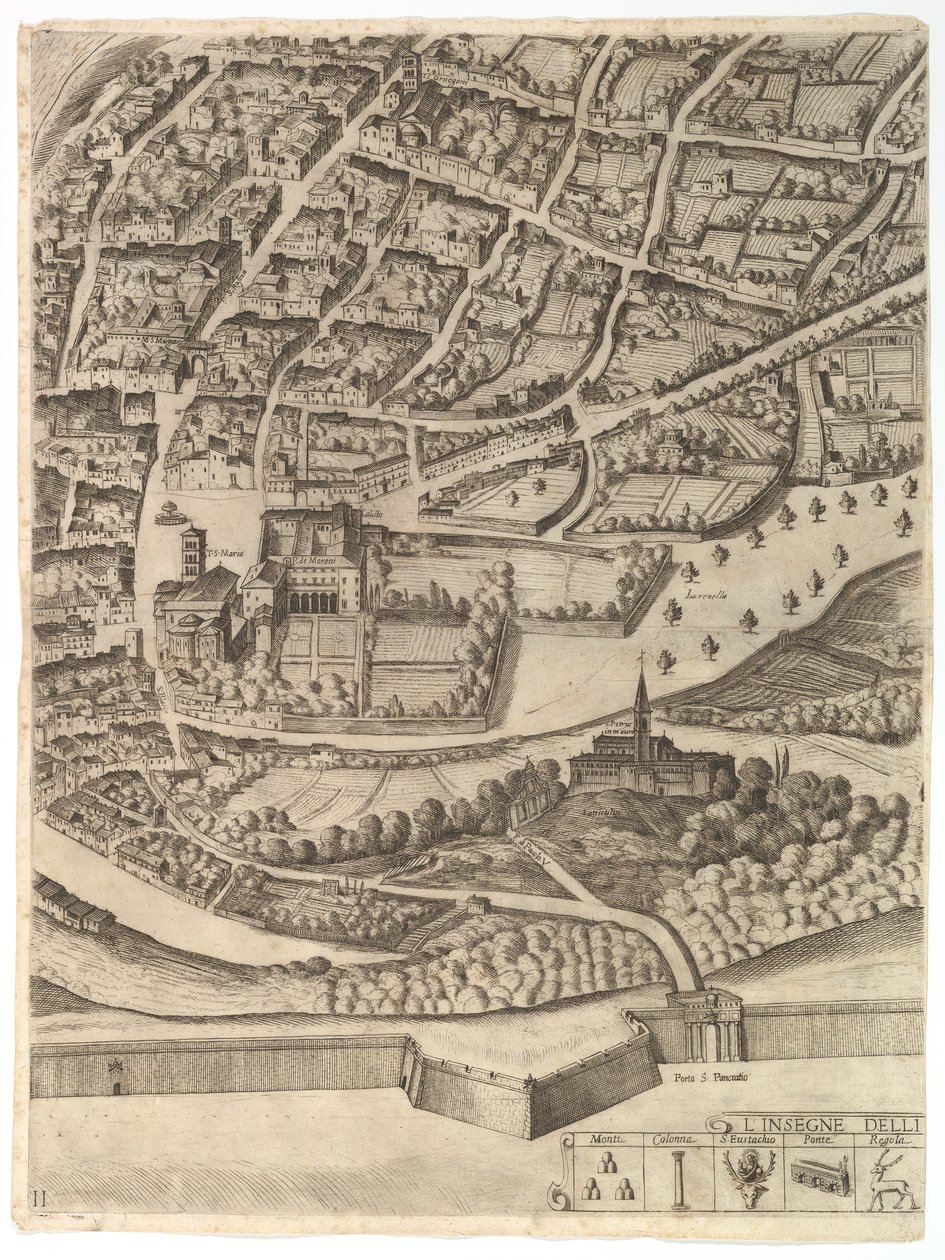 Plan miasta Rzymu. Część 11 z lewym brzegiem San Pancrazio, 1645. autorstwa Antonio Tempesta